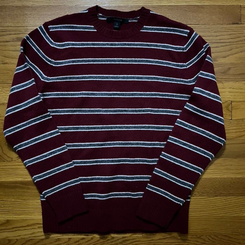 Express Mens Medium Red Gray White Striped Crewneck Sweater Vintage